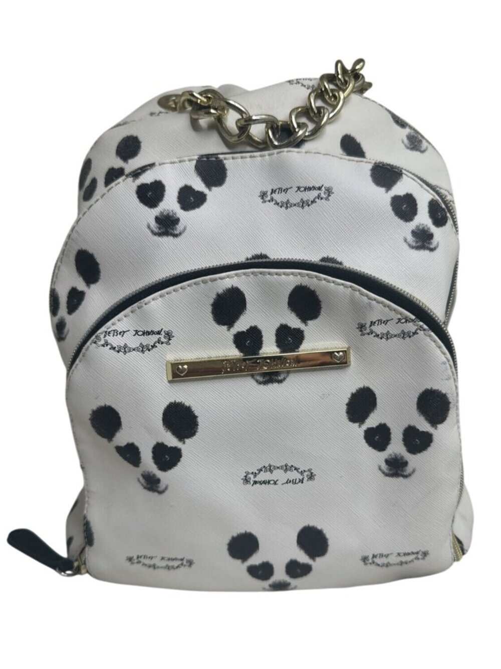 Betsey Johnson Panda Print White & Black Mini Backpack W/ Gold Chain Accent
